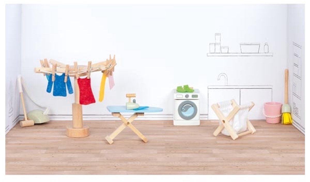Goki poppenhuistoebehoren: washoksaccessoires, 19-delig, wasmachine 4x4,5x5cm, hout en tekstiel, 3+