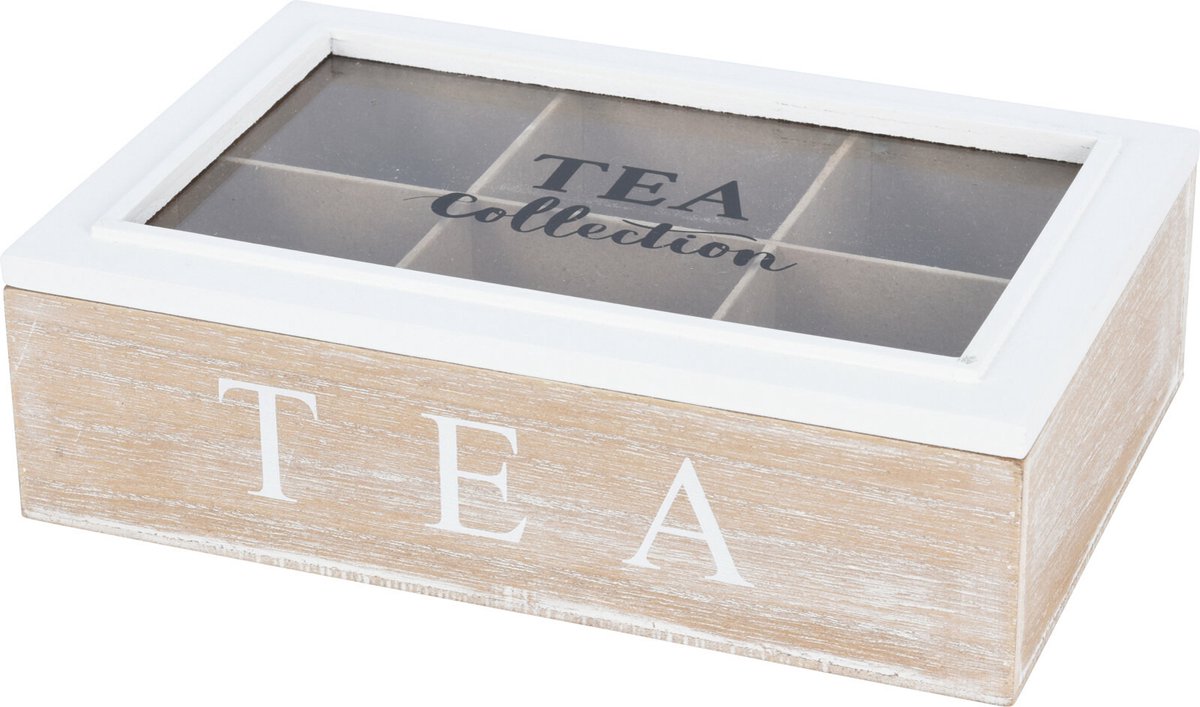 Excellent houseware theedoos - 6-vaks - naturel wit - hout - 24 x 16 x 7 cm - theekist voor thuis - glazen deksel