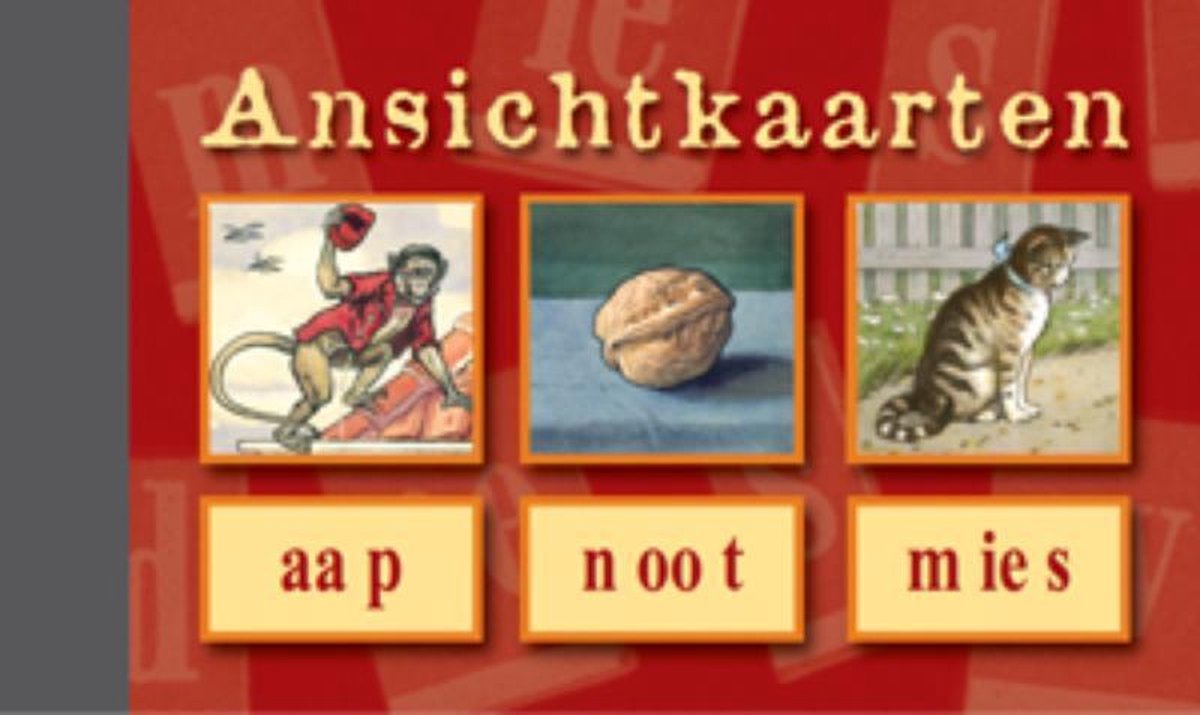 Ansichtkaarten, aap - noot - mies