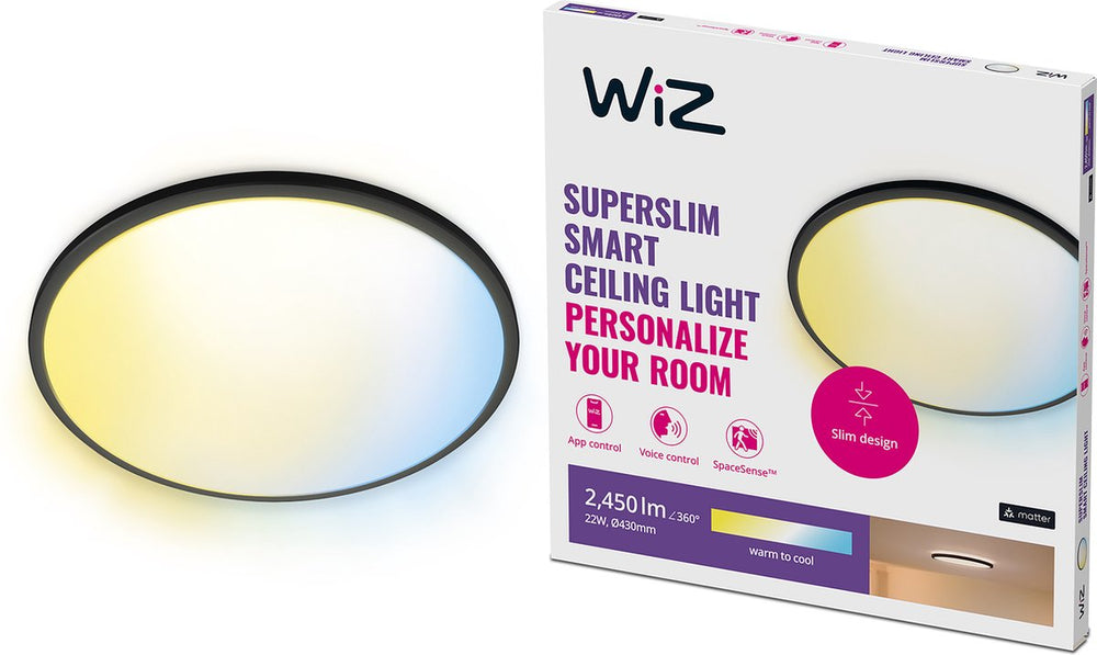 Wiz plafondlamp superslim - diameter: 43 cm - warm- tot koelwit licht - slimme led verlichting - geïntegreerde led - 22w - zwart - wi-fi
