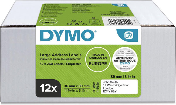 Dymo originele grote labelwriter adreslabels | 36 mm x 89 mm | 12 rollen met elk 260 labels (1560 zelfklevende etiketten) | geschikt voor de labelwriter labelprinters | gemaakt in europa