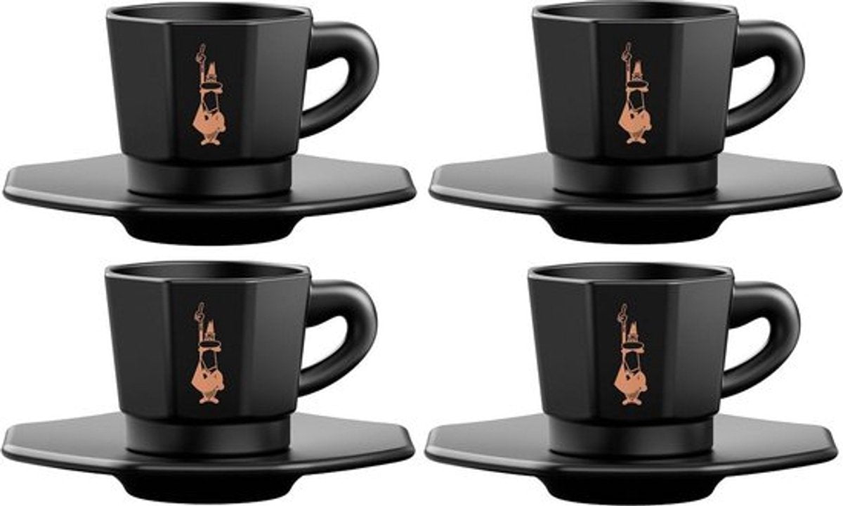 Bialetti octagonal espresso kopjes set – 4 kopjes met schotels – 75 ml – mat zwart porselein met goudkleurige details