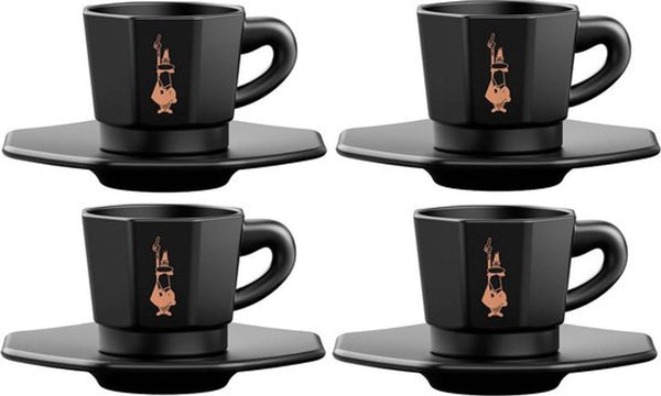 Bialetti octagonal espresso kopjes set – 4 kopjes met schotels – 75 ml – mat zwart porselein met goudkleurige details