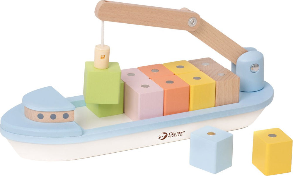 Klassieke Wereld Wereld Houten Blokkenboot met Kraan, 13dlg.