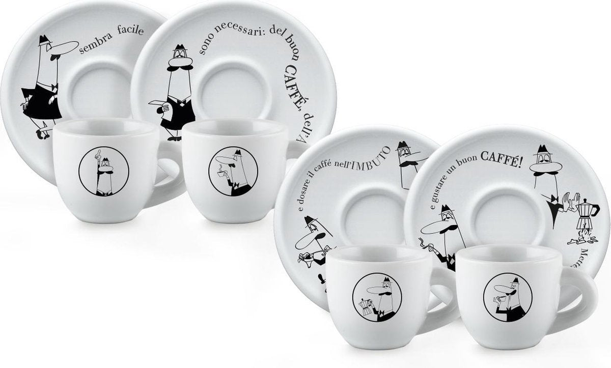 Bialetti koffiekopjes met schotels – set van 4 – porselein – wit – origineel italiaans design