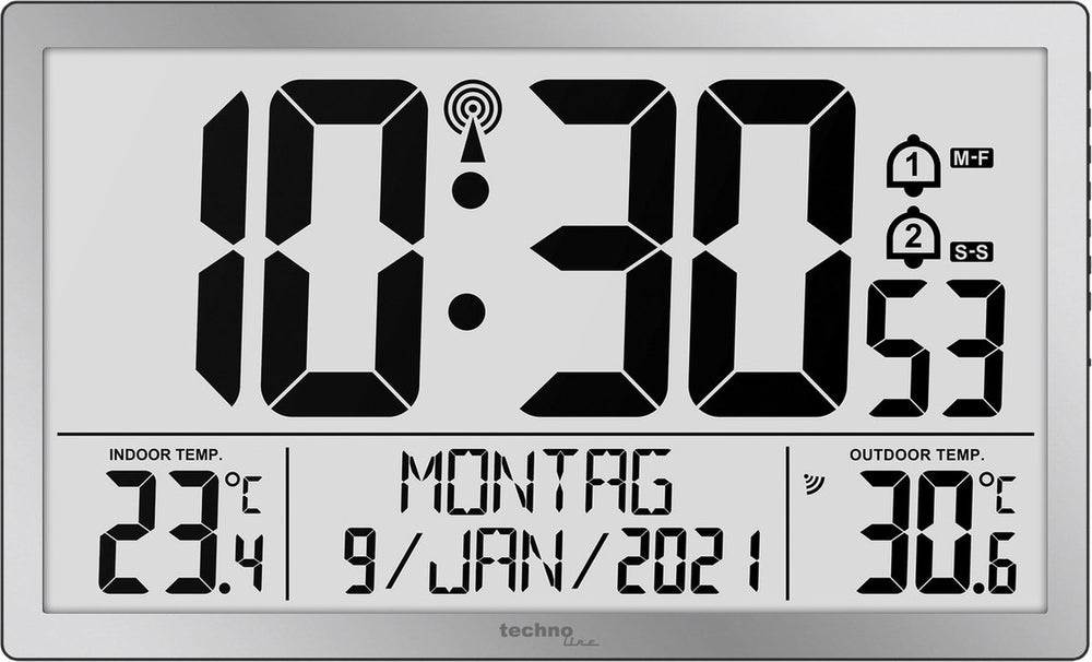 Technoline ws 8113 - wandklok - digitaal - rechthoek - radiogestuurde tijdsaanduiding en handmatig - 12 24 - datumaanduiding - 7 talen - binnen- en buitentemperatuur - 2 alarms - snooze - kunststof - cijfers - zilverkleurig