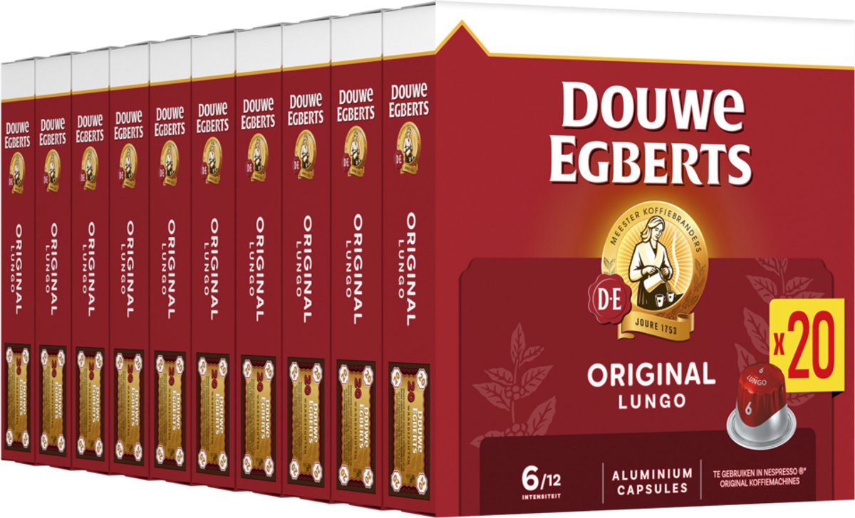 Douwe egberts lungo original koffiecups - intensiteit 6 12 - 10 x 20 capsules