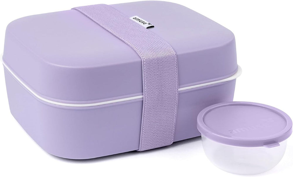 Amuse bento lunchbox 3-in-1 lavender - brooddoos met elastiek en lekvrij sauspotje - broodtrommel - bpa-vrij - paars - 900ml + 600ml + 85ml