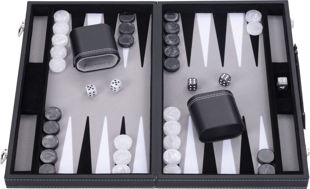 Engelhart backgammon 15 inch - zwart, wit grijs ingelegd bord - kunstlederen koffer met handvat -