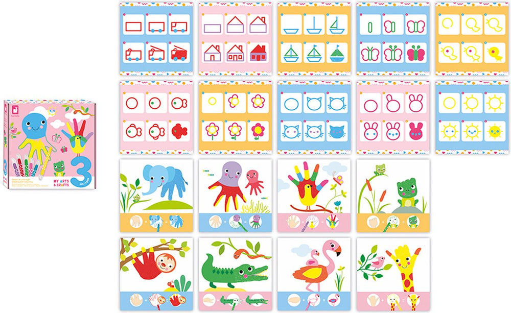 Janod my arts crafts - creatief tekenen en kleuren - met 8 tabellen om in te vullen en 10 illustraties om na te maken - geschikt vanaf 3 jaar