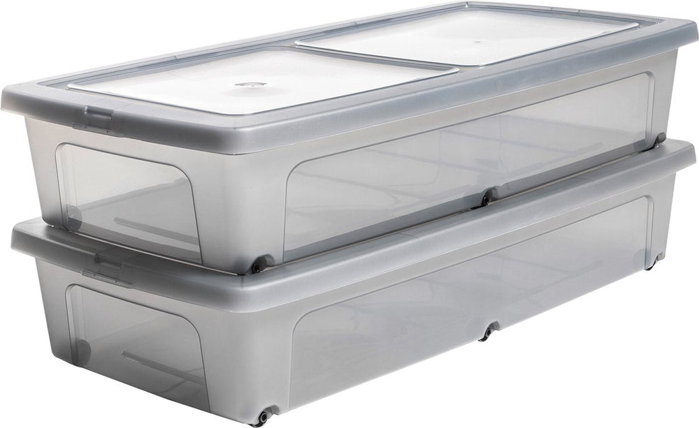 Iris clearbox opbergbox - onder-het-bed - 35l - kunststof - transparant grijs - met wielen - set van 2