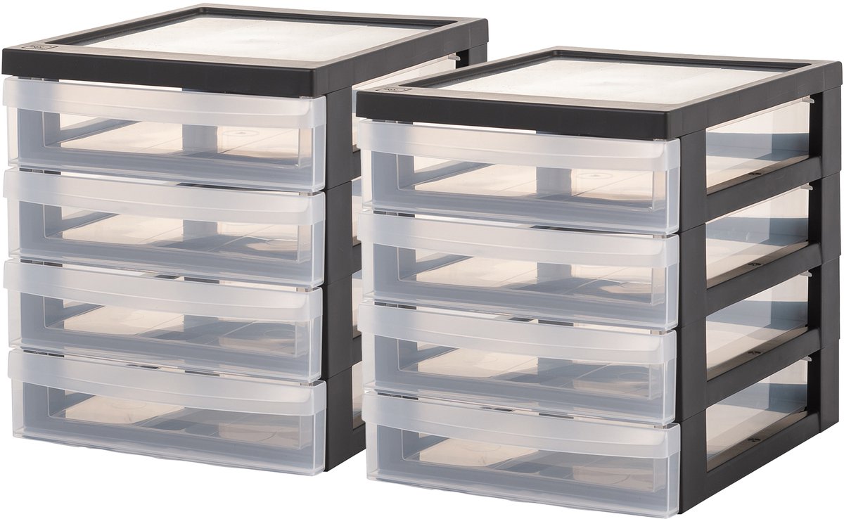 Iris design chest ladesysteem a5 - 4 lades - 4 x 1.5 l - kunststof - zwart transparant - 2 stuks