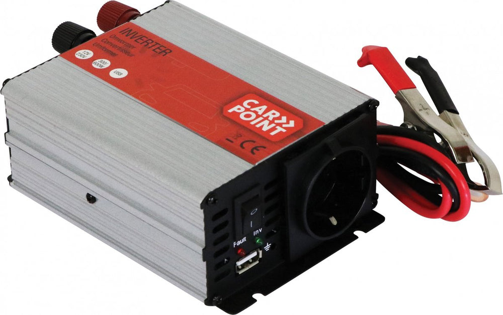 Carpoint omvormer - 12v>230v - continu vermogen 300w - piekvermogen 600 watt - usb poort om ander apparaat op te laden - aansluiting via accu met accuklemmen – ingebouwde koelventilator - afmeting 120x100x50mm