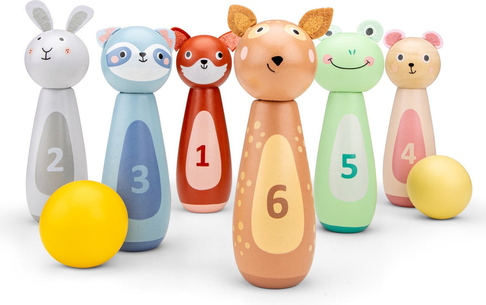 Woet ® houten dieren bowling set voor kinderen - kegelspel met 6 kegels en 2 ballen - fsc - educatief spel - vanaf 3 jaar