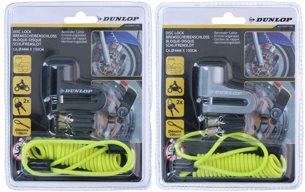 Dunlop remschijfslot met herinneringskabel - 2 sleutels - wielslot fiets motor scooter - 1 willekeurige kleur