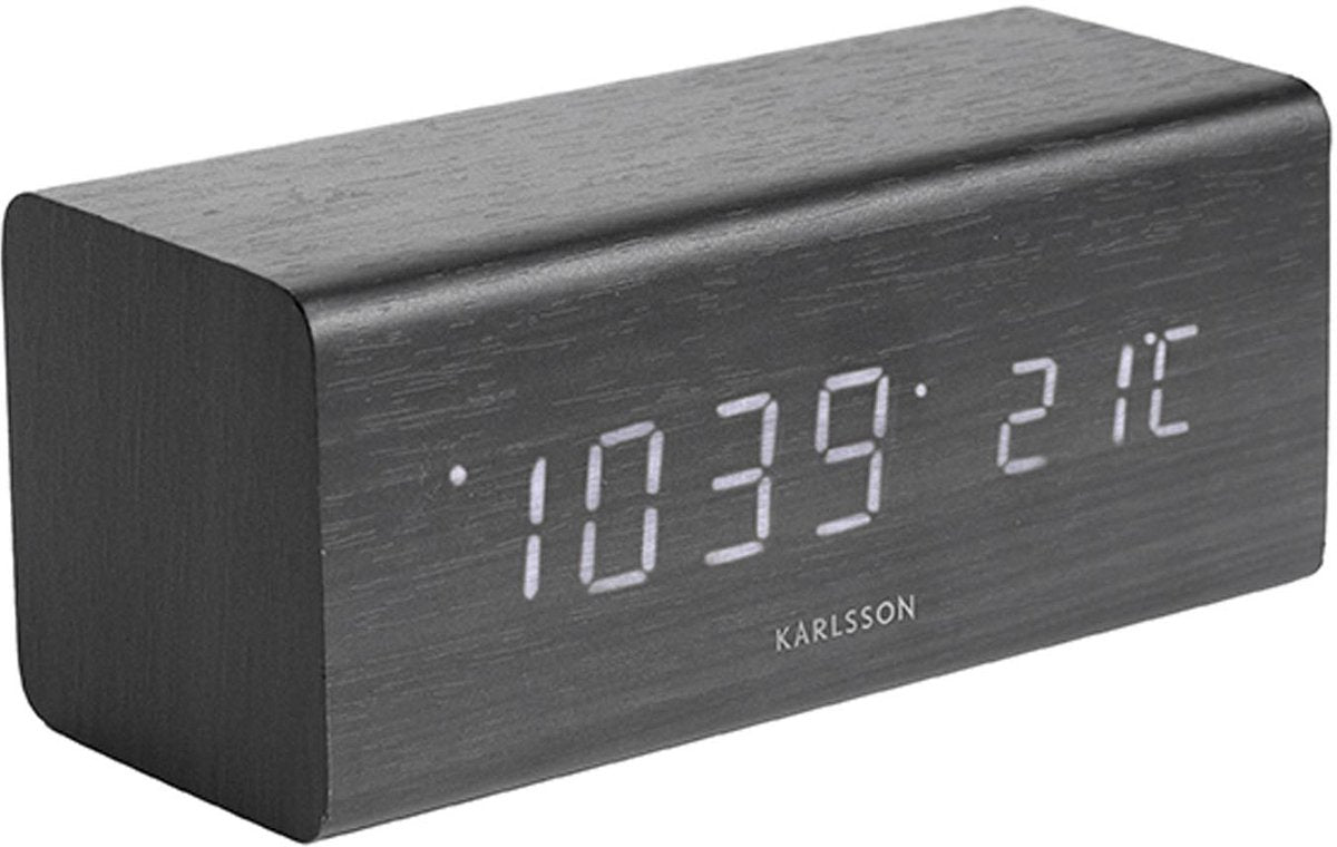 Karlsson wekker block - zwart fineer, wit led - 16x7,2x7cm - scandinavisch - wekker voor slaapkamer - wekkers