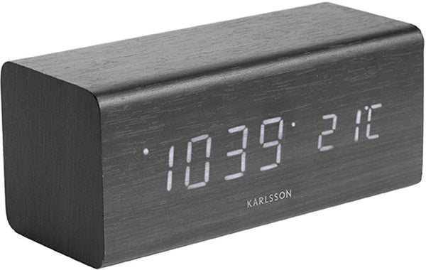Karlsson wekker block - zwart fineer, wit led - 16x7,2x7cm - scandinavisch - wekker voor slaapkamer - wekkers