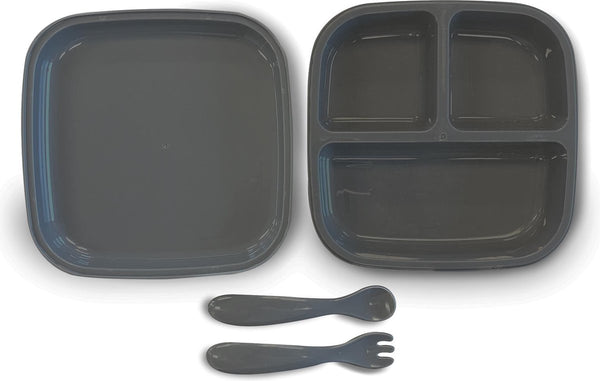 Deryan quuby plate set siliconen bord met lepeltjes - babybord - kinderservies set grijs