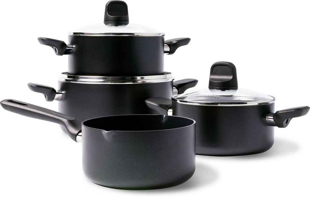 Greenpan memphis kookpannenset 7-delig - 16 18 20 24cm - 1.6 2.1 3.1 4.9l - pfas-vrije antikleeflaag - inductie kookpan - keramische pan - ovenbestendig tot 160°c - koudgrepen - met glazen deksel - zwart