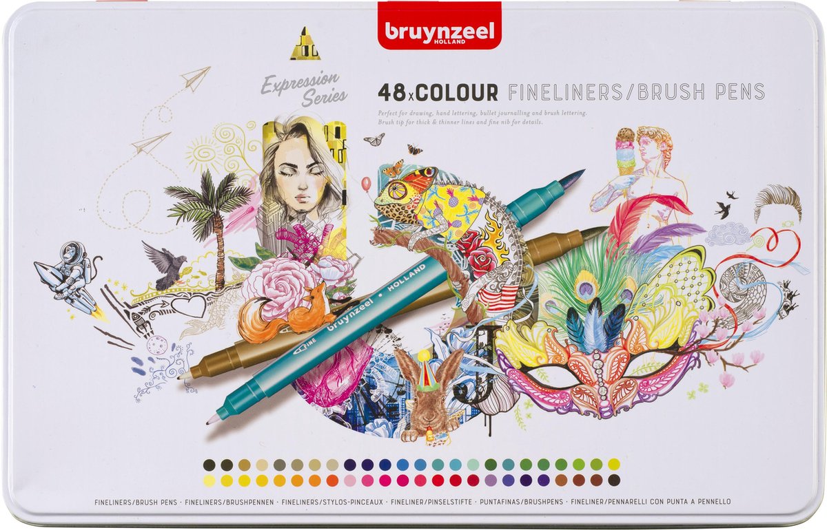Bruynzeel creatives fineliner penseelpenset 48 kleuren