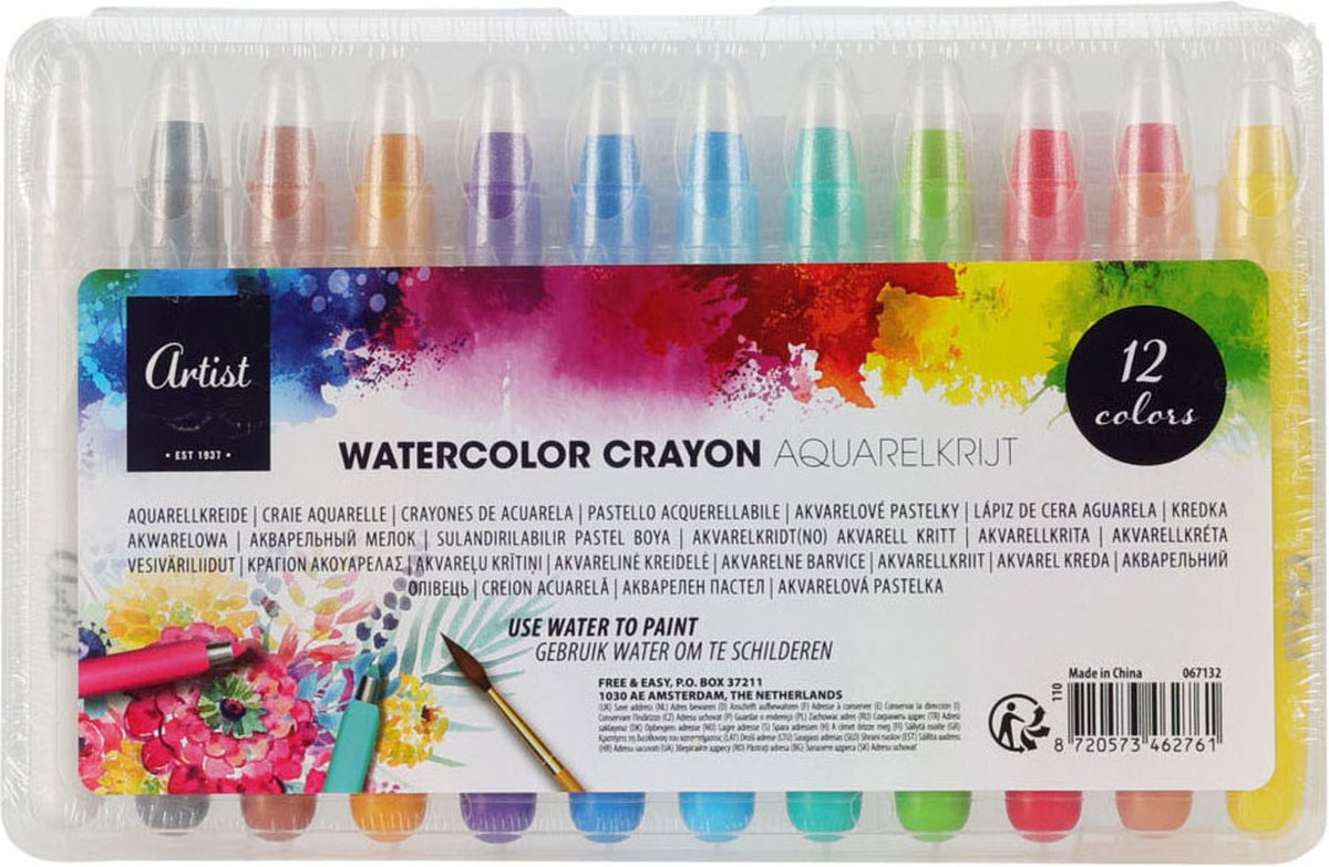 Koopman waterverf krijt set - aquarelkrijt 12 kleuren voor kinderen.