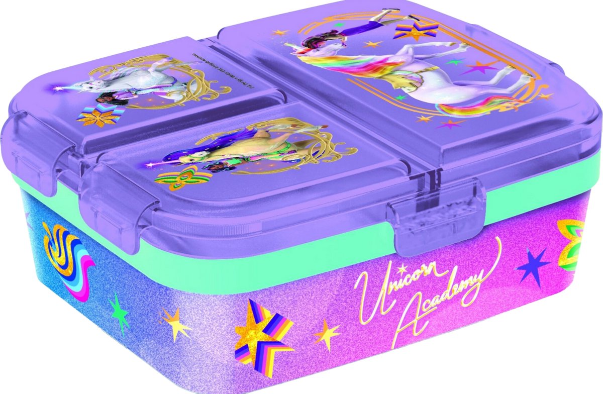 Stor unicorn academy kinderlunchbox – broodtrommel met 4 vakken voor kinderen vanaf 4 jaar - vaatwasserbestendig bpa-vrij - paars