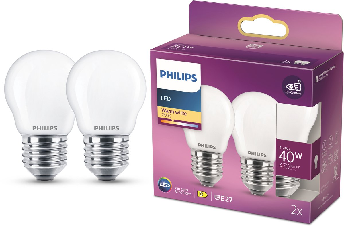 Philips led lamp - kogellamp met e27 fitting - warmwit licht: 2700k - 40w - mat glas - 2-pack