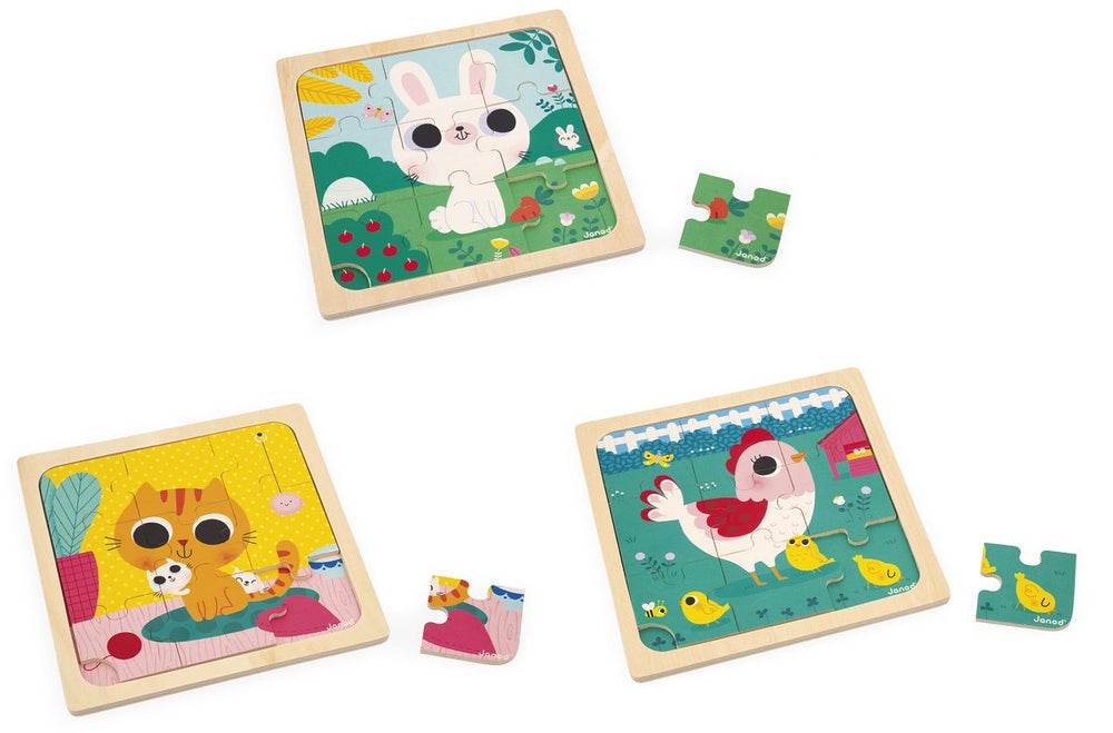 Janod - houten puzzel - dierenthema - 3 puzzels met 9 stukjes