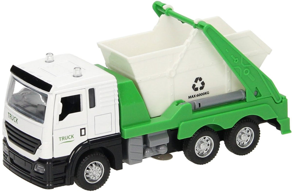 Vrachtwagen met afvalcontainer licht geluid