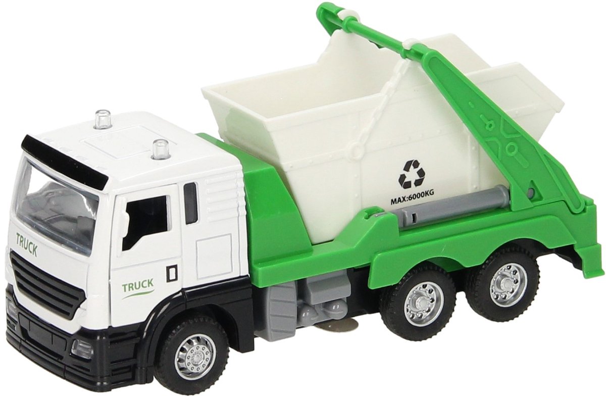 Vrachtwagen met afvalcontainer licht geluid