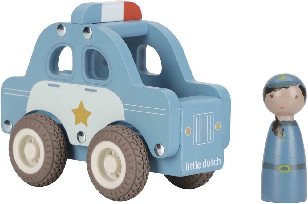 Little dutch houten politiewagen speelgoedauto blauw met poppetje.