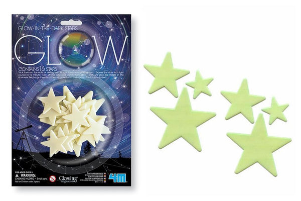4m glow in the dark stickers - sterren - 3 formaten - 16 stuks - muurdecoratie kids - 3 jaar