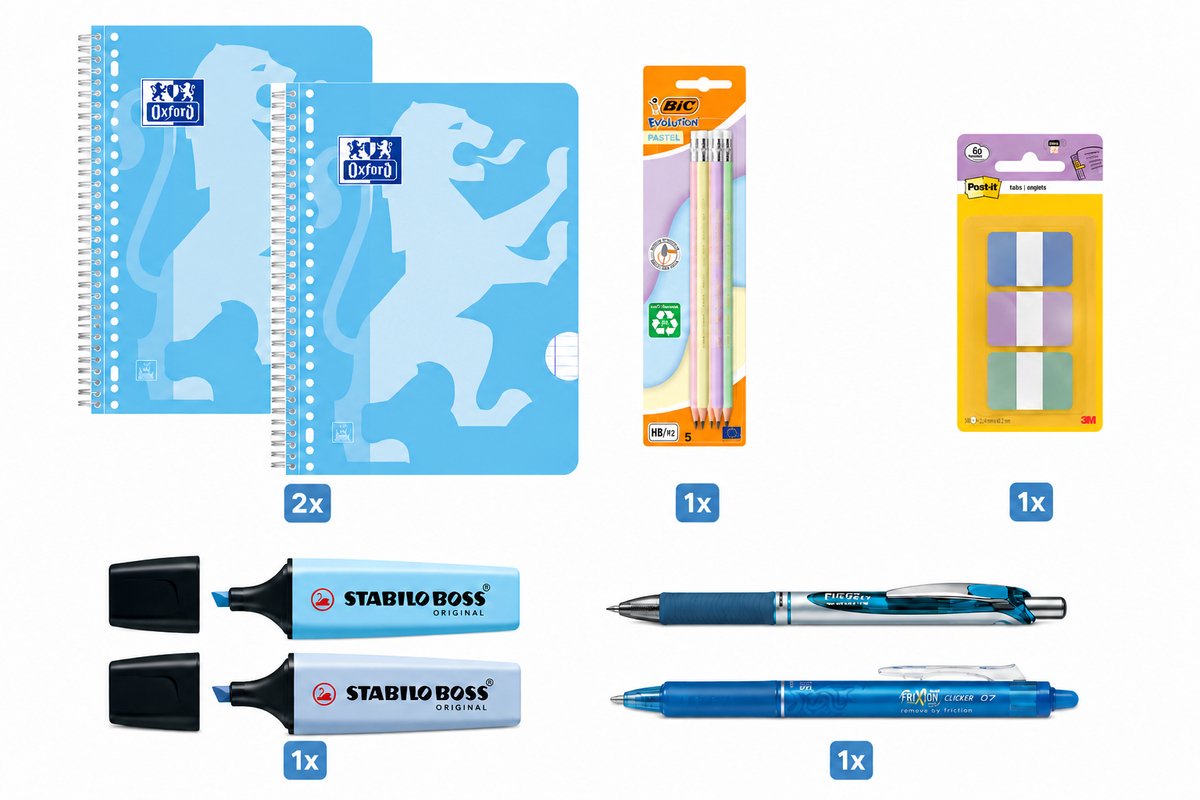 Oxford back to school - schoolset - collegeblok a4+, pennen, markeerstiften indextabs - pastel blauw