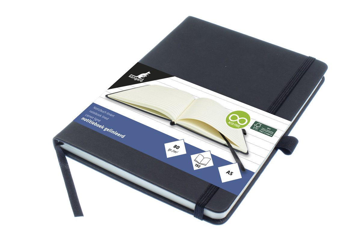Kangaro notitieboek - a5 - zwart - met lijn - met elastiek, lint en penlus - k-552241