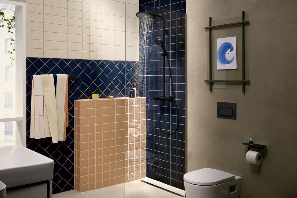 Hansgrohe activera s - showerpipe - ecosmart+ waterbesparend - 240mm - 1 straalfunctie - mat zwart - met thermostaat