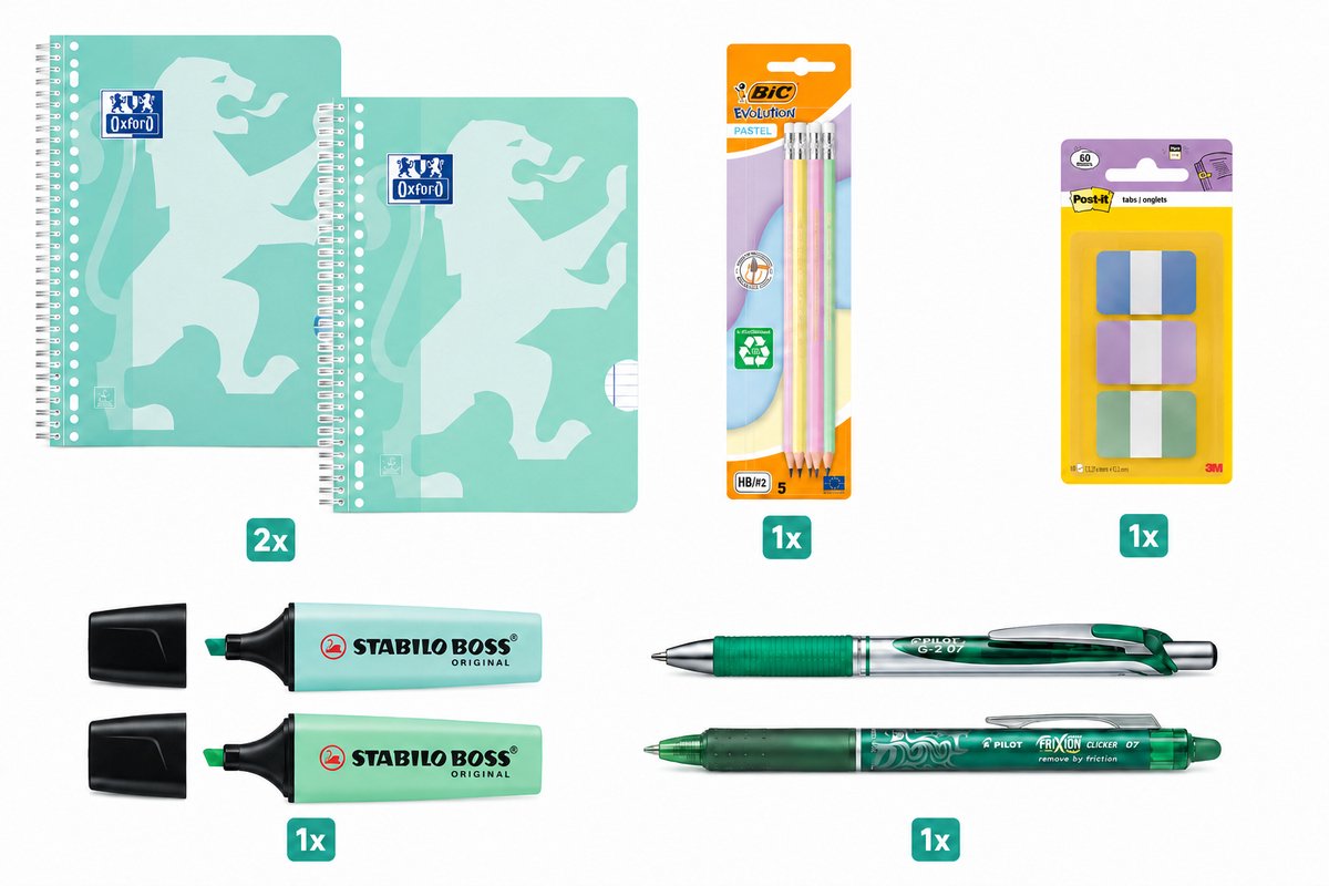 Oxford back to school - schoolset - collegeblok a4+, pennen markeerstiften - scholieren en studenten - pastel groen