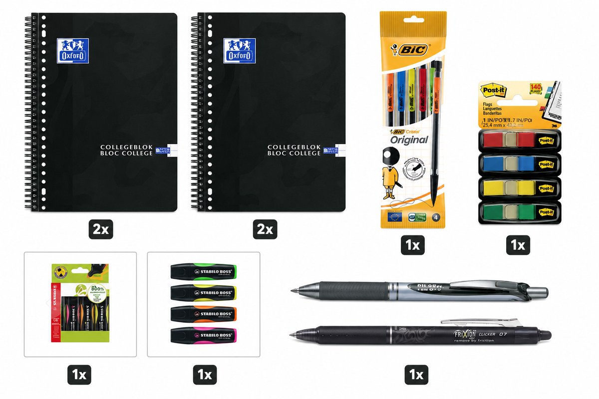 Diverse merken back to school - schoolset - collegeblok a4+, pennen, markeerstiften, indextabs vulpotloden - zwart