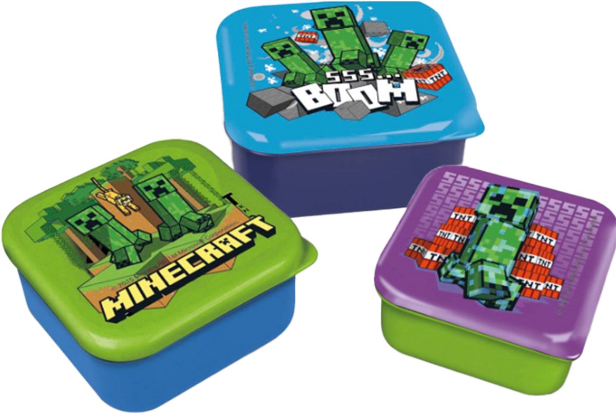 Stor minecraft 3-in-1 snackdoosjes - 3 formaten - vierkant - sluit goed af - lunchboxen voor kinderen - los deksel - geschikt voor koekjes, fruit en snacks - blauw paars groen