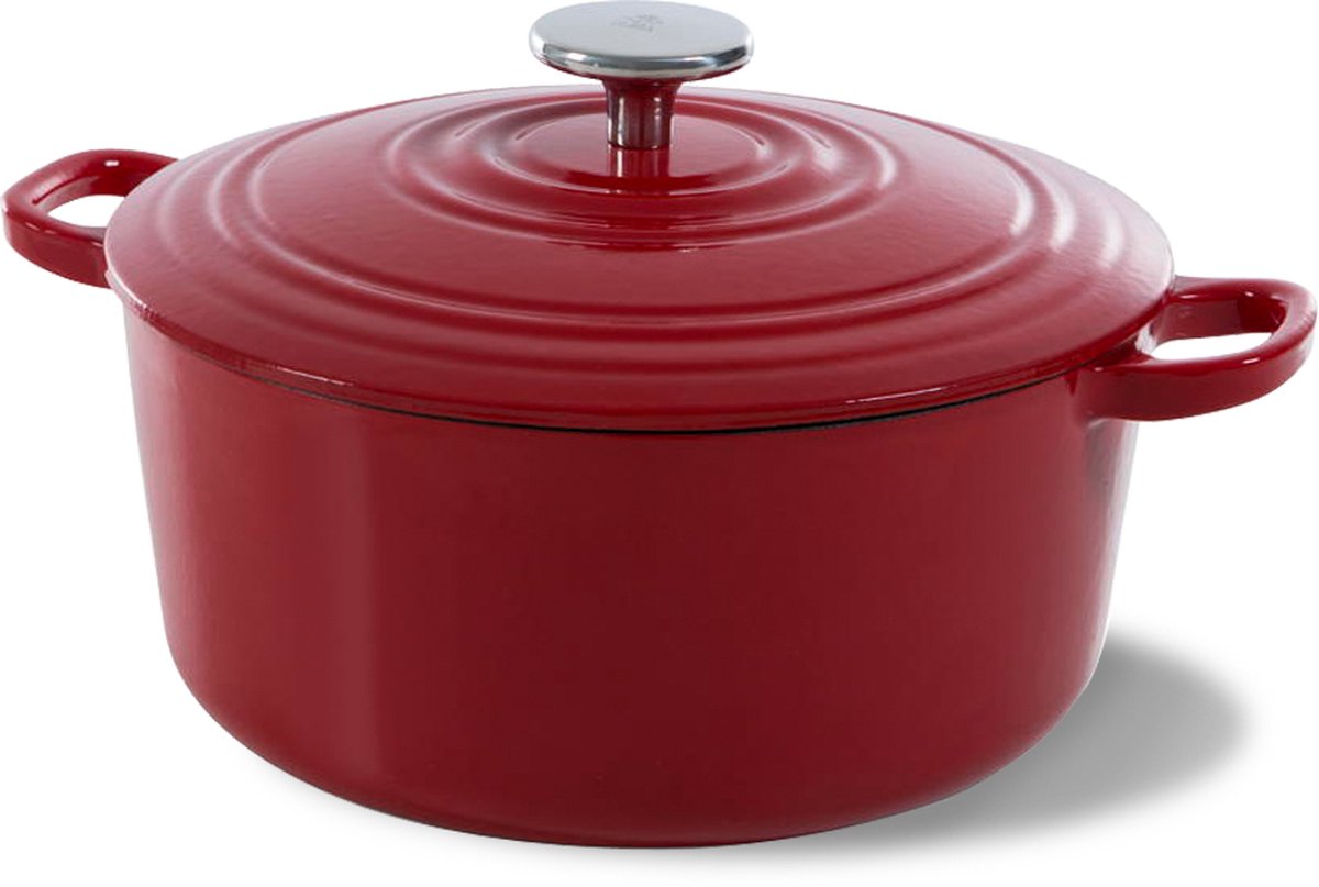 Bk bourgogne braadpan gietijzer 20cm 2.5l - inductie braadpan - gietijzeren braadpan - ovenbestendig tot 230 graden - deksel met druipringen - wit geƫmailleerde binnenkant - chili red