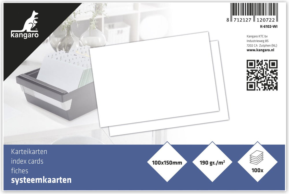 Kangaro systeemkaarten - 10x15cm - 190 grams blanco papier - 100 stuks - indexkaart