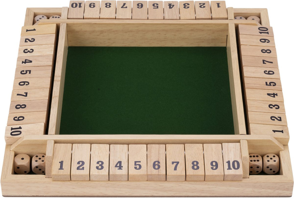 Longfield shut the box – 4 players – rubberwood box with inlaid felt – includes 8 wooden dice – board game 29 x 29 x 3.5 cm – strategic family game – engelhart