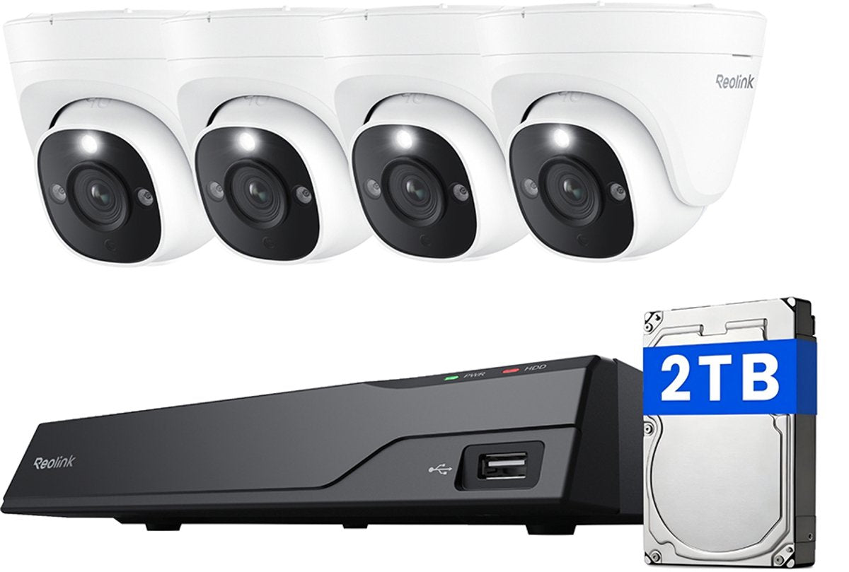 Reolink 4k uhd poe-beveiligingscamerasysteem nvs8-8md4 - 8ch nvr met ingebouwde 2 tb hdd - 4 stuks 4k 8mp poe bedrade koepelcamera's met persoons- en voertuigdetectie - 30 m haarscherp nachtzicht - 24 7 opname