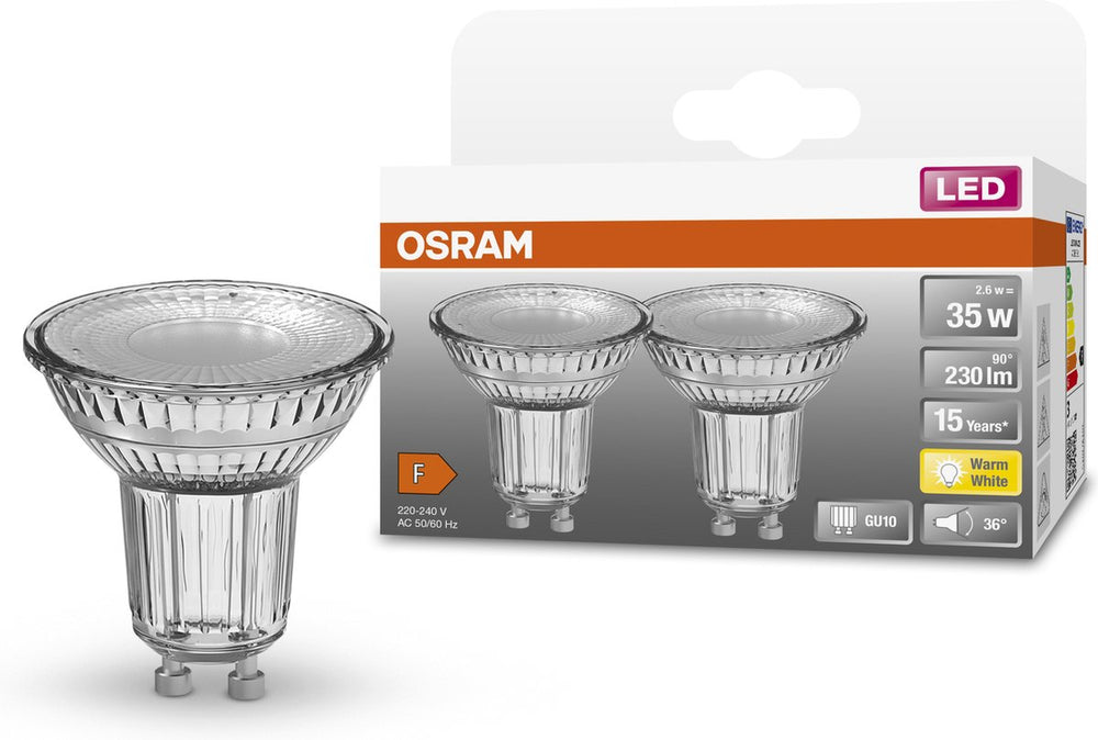 Osram led lamp - spot gu10 - 2,6w - 230 lumen - warm wit - niet dimbaar - 2 stuks