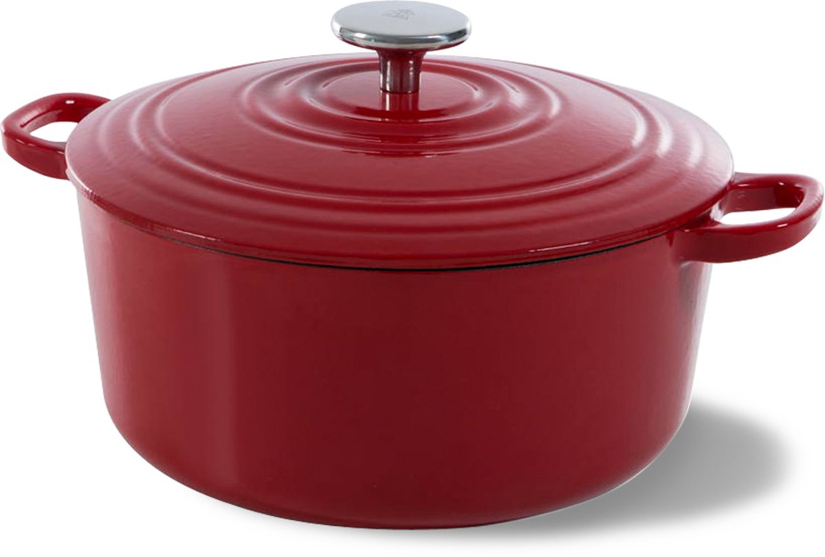 Bk bourgogne braadpan gietijzer 28cm 6.7l - inductie braadpan - gietijzeren braadpan - ovenbestendig tot 230 graden - deksel met druipringen - wit geëmailleerde binnenkant - chili red