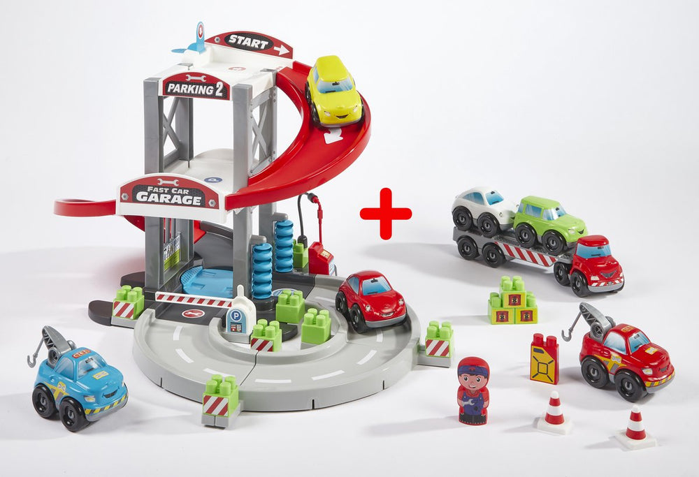 Abrick Ecoiffier garage with transporter and cars