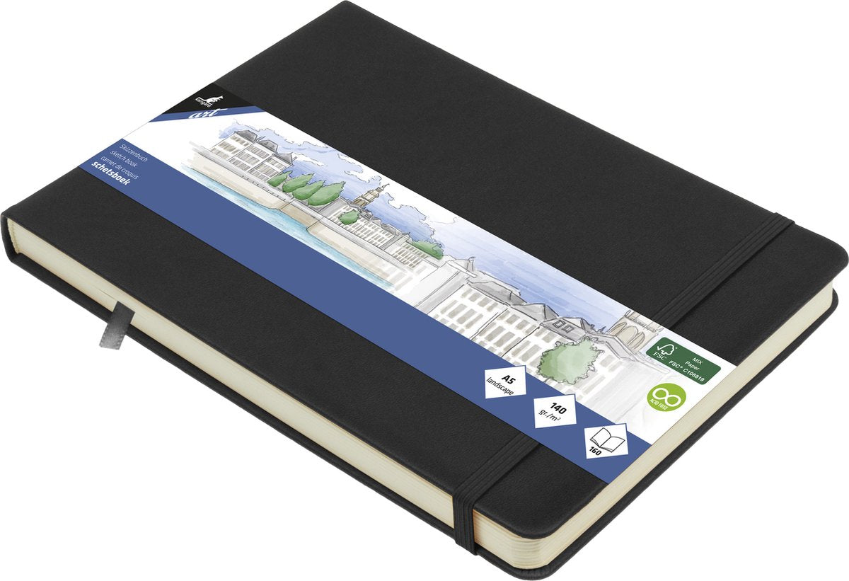 Kangaro schetsboek - a5 landscape - zwart - pu hardcover - met elastiek en lint - k-861230