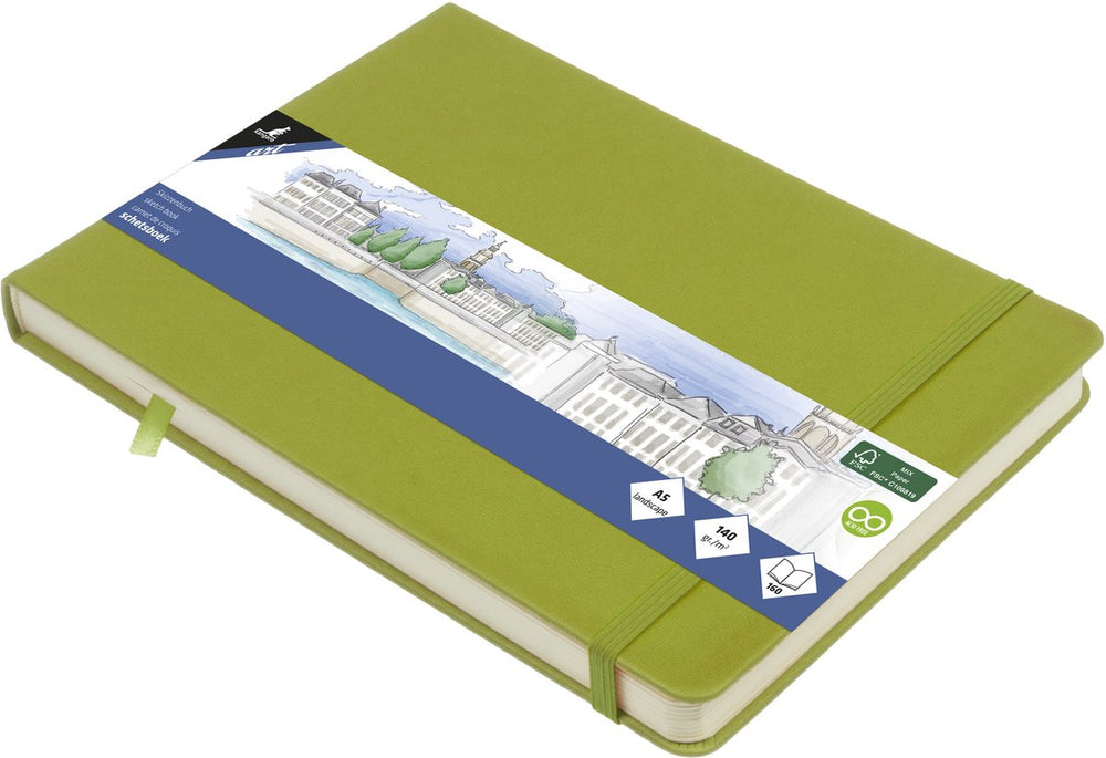 Kangaro schetsboek a5 landscape - lime green - hardcover kaft - met elastiek en lint