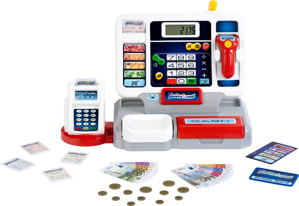 Klein toys elektronische kassa - afneembare tablet, rekenmachinefunctie, scanner, kaartlezer en een kassa vol speelgeld - 33,42x16,83x22,33 cm - incl. soundbar - grijs rood