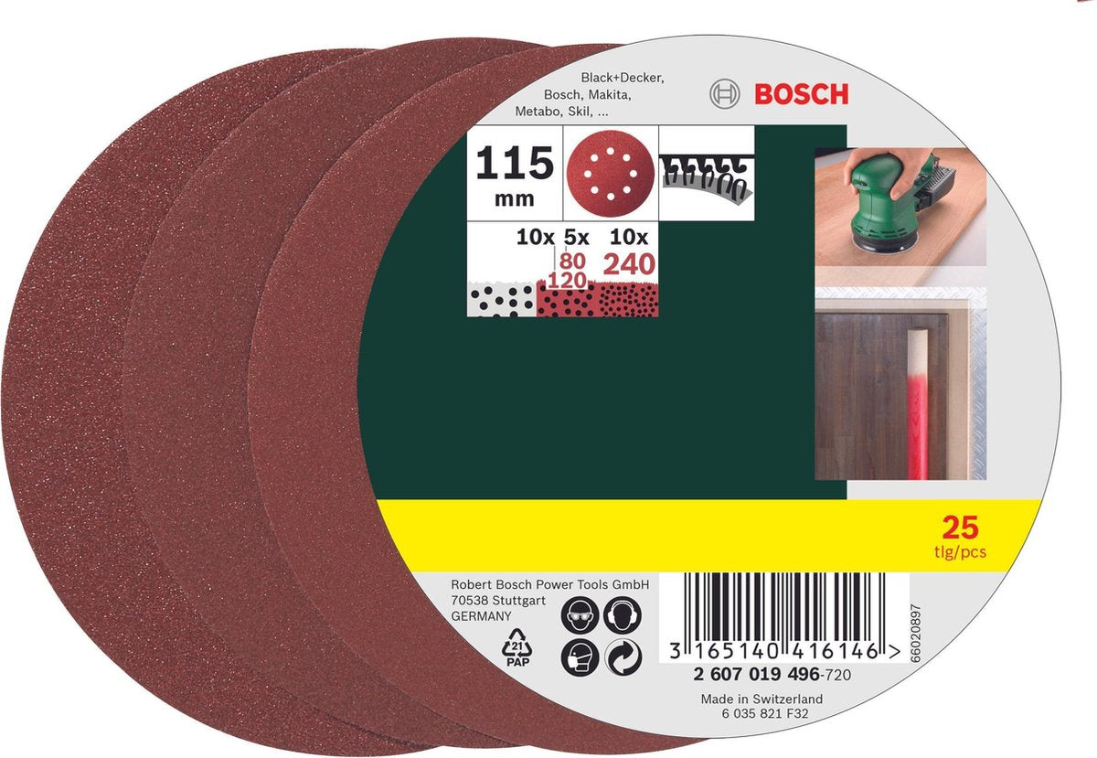 Bosch 25-delige schuurbladenset voor excenterschuurmachines 115 mm - korrel 80; 120; 240