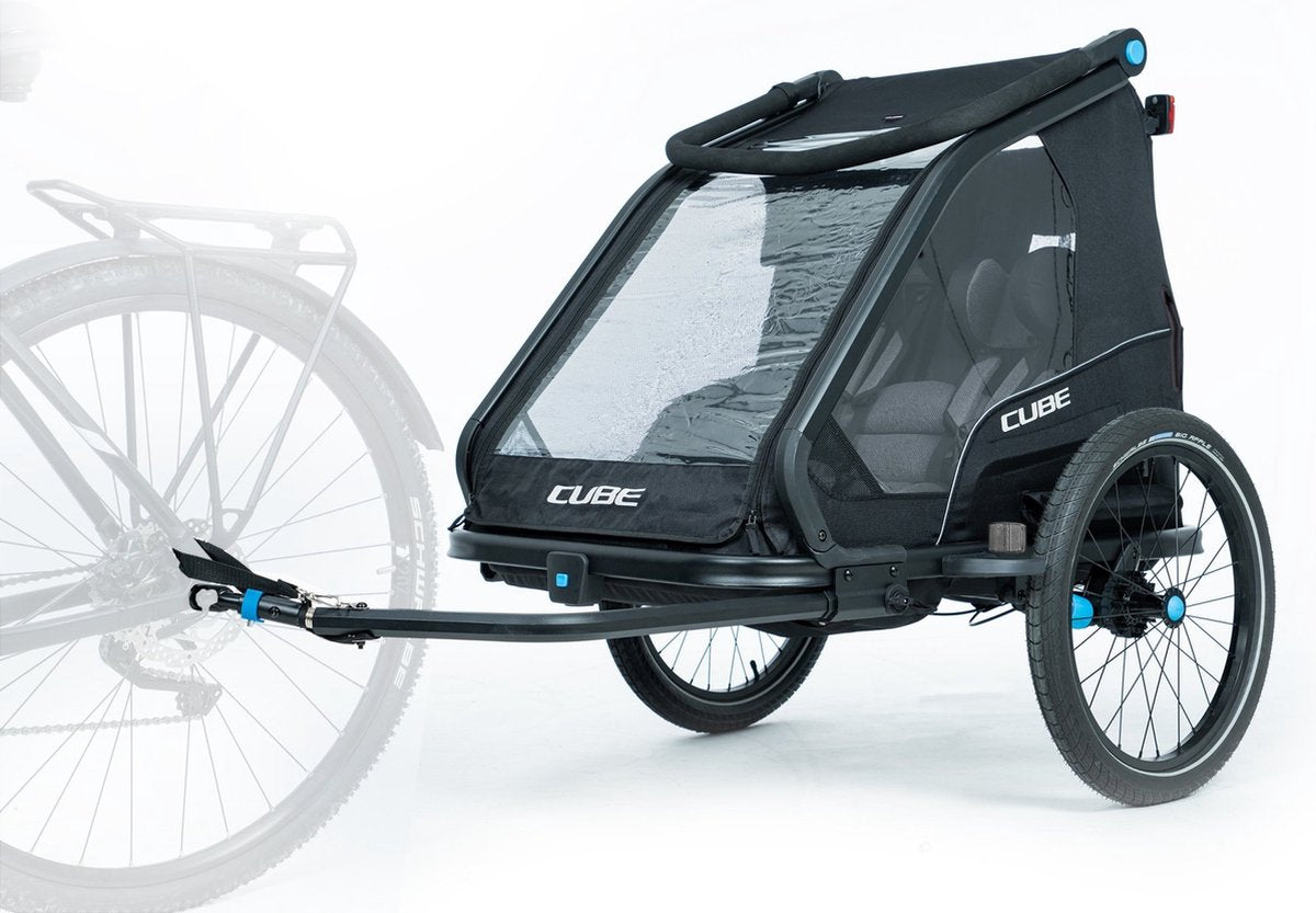 Cube double cmpt-trailer - kids trailer voor twee personen - fietsaanhanger en kinderbuggy in één - kiddie trailer bestand tegen alle weersomstandigheden - met 70l bagageruimte - zwart